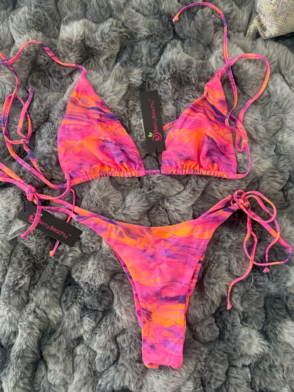 Berry Beachy Neon Marble Tie-Side Bikini - Pink/Orange